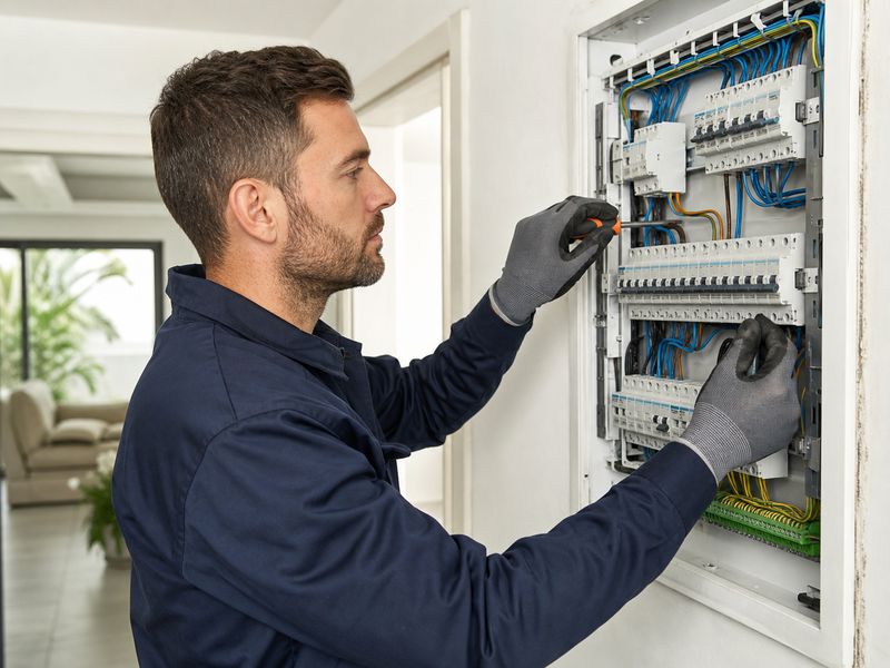 Electricista revisando cuadro eléctrico doméstico
